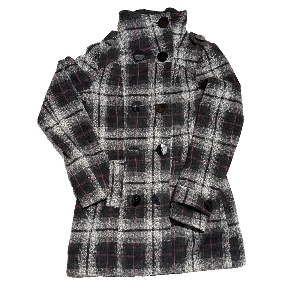 BKE Buckle Coat Women's Sz S Wool Blend Plaid Double Breast Lined Front Pockets‎